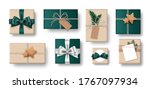 Set of gift box brown and green color isolated on white background. Collection of craft-style gift present. Top view. Vector Illustration.