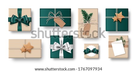 Set of gift box brown and green color isolated on white background. Collection of craft-style gift present. Top view. Vector Illustration.