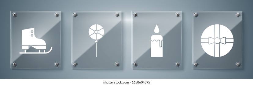 Set Gift box, Burning candle in candlestick, Lollipop and Figure skates. Square glass panels. Vector