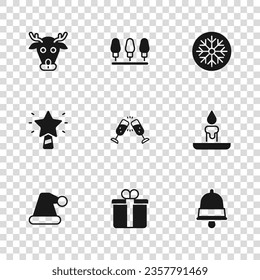 Set Gift box, Burning candle, Christmas ringing bell, Glass of champagne, Snowflake, Reindeer, lights and star icon. Vector