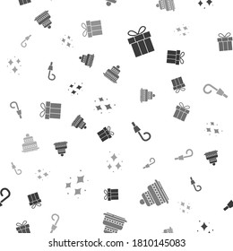 Set Gift box, Cake, Birthday party horn and Firework on seamless pattern. Vector