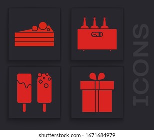 Set Gift box , Cake , Bottles of wine in a wooden box  and Ice cream  icon. Vector