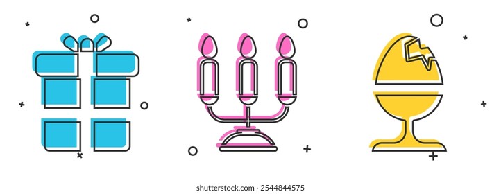 Set Gift box, Candelabrum with candlesticks and Chicken egg on a stand icon. Vector