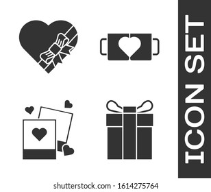 Set Gift box, Candy in heart shaped box and bow, Two blanks photo frames and hearts and Two coffee cup and heart icon. Vector