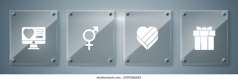 Set Gift box, Candy in heart shaped, Gender and Dating app online. Square glass panels. Vector