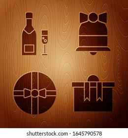 Set Gift box, Champagne bottle and glass of champagne, Gift box and Merry Christmas ringing bell on wooden background. Vector