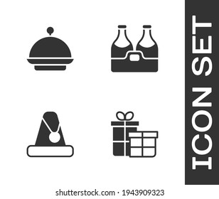 Set Gift box, Christmas covered with tray, Santa Claus hat and Champagne bottle icon. Vector