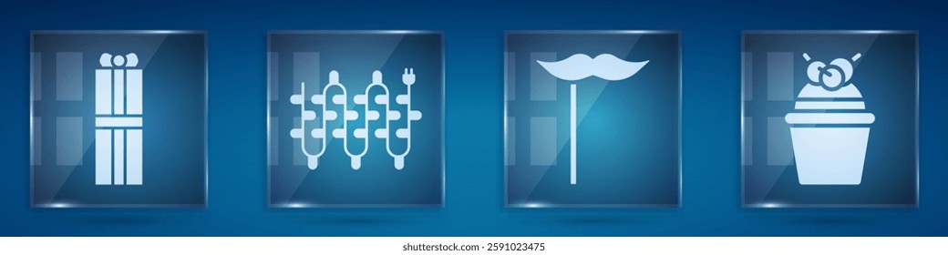 Set Gift box, Christmas lights, Paper mustache on stick and Cake. Square glass panels. Vector