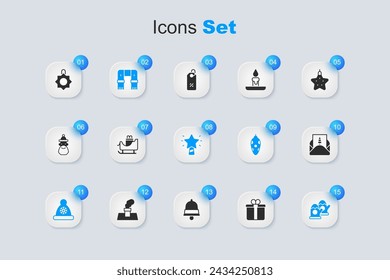 Set Gift box, Christmas santa claus sleigh, Winter scarf, Santa Claus hat, mittens, Envelope, toy and star icon. Vector