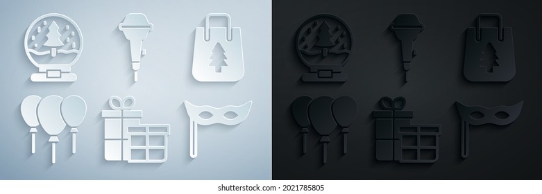 Set Gift box, Christmas shopping bag, Balloons with ribbon, Festive mask, Microphone and snow globe icon. Vector