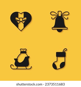 Set Gift box, Christmas stocking, santa claus sleigh and ringing bell icon with long shadow. Vector
