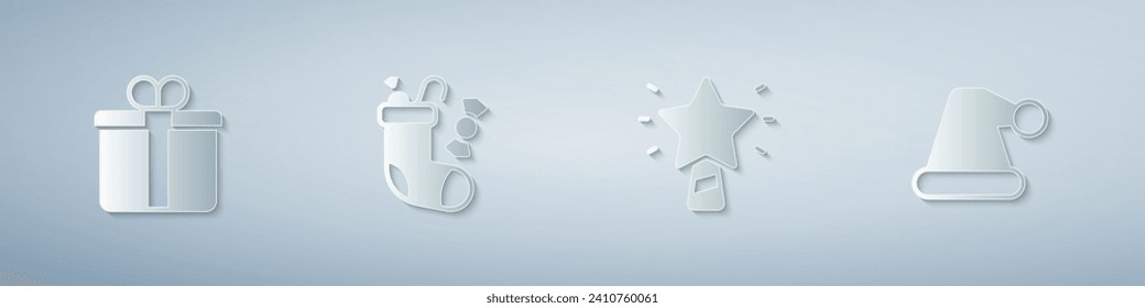 Set Gift box, Christmas stocking, star and Santa Claus hat. Paper art style. Vector