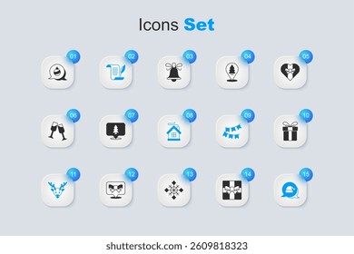 Set Gift box, Christmas tree, Envelope, Reindeer, Santa Claus hat, ball and Merry house icon. Vector