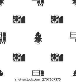 Establecer caja de regalo, árbol de Navidad y cámara de fotos en el patrón transparente. Vector