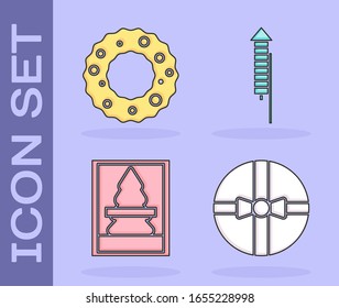 Set Gift box, Christmas wreath, Christmas postcard and Firework rocket icon. Vector