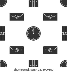 Set Gift box, Clock and Envelope with christmas party invitation card on seamless pattern. Vector