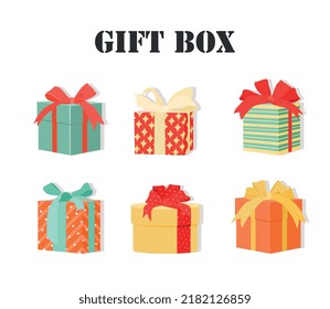 Set of gift box. Collection of graphic elements for site, colorful presents and surprise. Advertising icons for New Year and Christmas. Cartoon flat vector illustrations isolated on white background