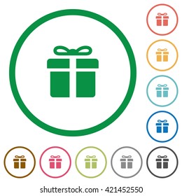 Set of Gift box color round outlined flat icons on white background
