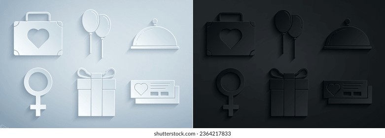 Set Gift box, Covered with a tray of food, Female gender symbol, Ticket heart, Balloons ribbon and Suitcase for travel icon. Vector