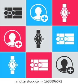 Set Gift box, Create account screen and Wrist watch icon. Vector