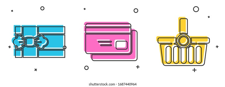 Set Gift box, Credit card and Shopping basket icon. Vector