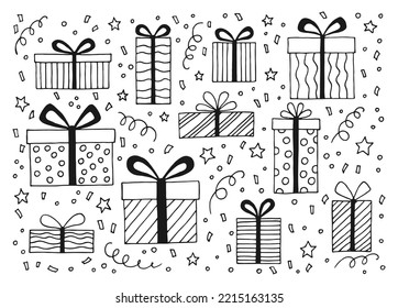 Set with gift box with different bows. Hand drawn vector illustration.
