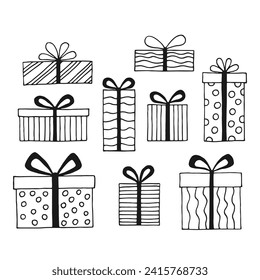 Set with gift box with different bows. Hand drawn vector illustration.