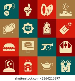 Set Gift box, Donate or pay your zakat, Bottle of water, Date fruit, Kaaba mosque, Hands in praying position,  and Muslim Mosque icon. Vector