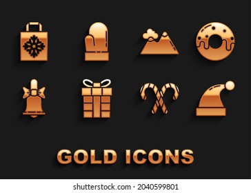 Set Gift box, Donut with sweet glaze, Christmas Santa Claus hat, candy cane stripes, Merry ringing bell, Mountains, paper shopping bag and mitten icon. Vector