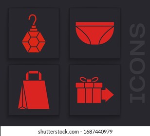 Set Gift box, Earring, Underwear and Paper shopping bag icon. Vector