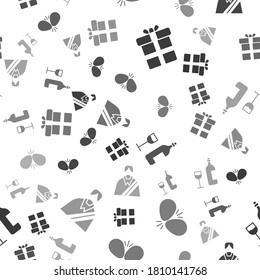 Set Gift box, Easter eggs, Wine bottle with glass and Jesus Christ on seamless pattern. Vector