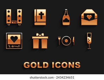 Set Gift box, Envelope with Valentine heart, Glass of champagne, Plate, fork and knife, Photo frames hearts, Champagne bottle, Home stereo two speakers and Holy bible book icon. Vector