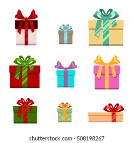 Set of gift box flat and cartoon style. Gift for birthday, happy new year and christmas, vector illustration