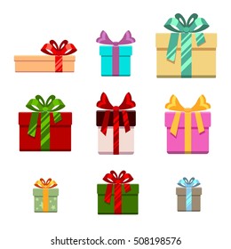 Set of gift box flat and cartoon style. Gift for birthday, happy new year and christmas, vector illustration