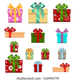 Set of gift box flat and cartoon style. Gift for birthday, happy new year and christmas, vector illustration. White background.