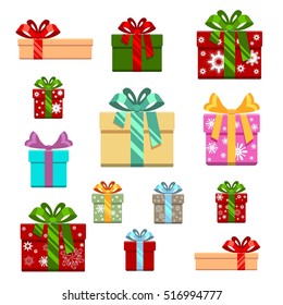 Set of gift box flat and cartoon style. Gift for birthday, happy new year and christmas, vector illustration. White background.