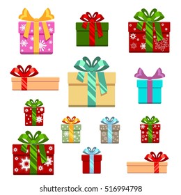 Set of gift box flat and cartoon style. Gift for birthday, happy new year and christmas, vector illustration. White background.