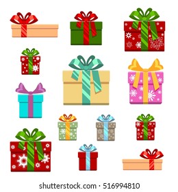 Set of gift box flat and cartoon style. Gift for birthday, happy new year and christmas, vector illustration. White background.