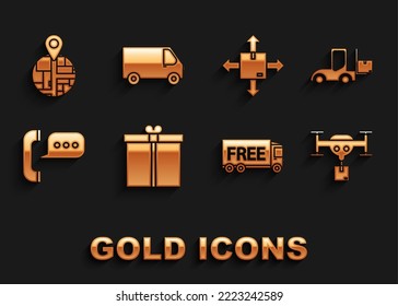 Set Gift box, Forklift truck, Entrega drone con el paquete, servicio de entrega gratuito, chat de burbuja de habla telefónica, símbolo de tráfico de cartón e icono del vehículo de carga. Vector