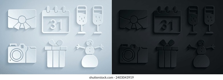 Set Gift box, Glass of champagne, Photo camera, Christmas snowman, Calendar and postcard icon. Vector