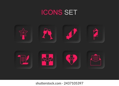 Set Gift box, Glass of champagne, Christmas star, Firework rocket, Envelope, Candy and  icon. Vector