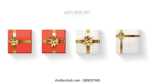 Set of gift box with a gold bow on a white background. Realistic top view. Vector illustration EPS10