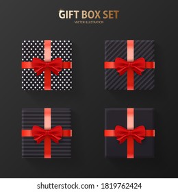 Set of gift box with a gold bow on a white background. Realistic top view. Vector illustration EPS10