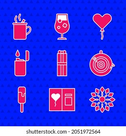 Set Gift box, Greeting card, Firework, Classic dart board and arrow, Ice cream, Lighter, Balloon form of heart and Mulled wine icon. Vector