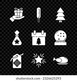 Set Gift box in hand, Meteorology thermometer measuring, Christmas tree, Price tag with inscription Sale, star, Roasted turkey chicken, Santa Claus bag gift and Calendar icon. Vector