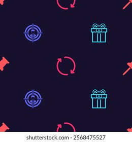 Set Gift box, Head hunting, Refresh and Push pin on seamless pattern. Vector