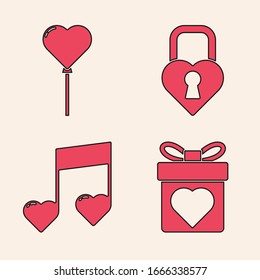 Set Gift box with heart, Balloons in form of heart, Castle in the shape of a heart and Music note, tone with hearts icon. Vector