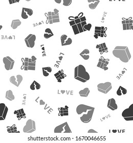 Set Gift box and heart, Broken heart or divorce, Candy in heart shaped box and Love text on seamless pattern. Vector