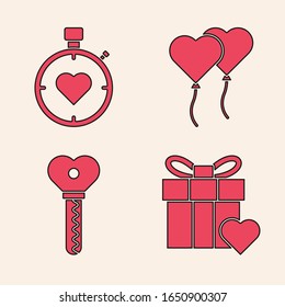 Set Gift box and heart, Heart in the center stopwatch, Balloons in form of heart and Key in heart shape icon. Vector