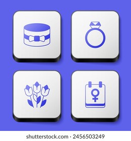 Set Geschenkbox und Herz, Diamant Verlobungsring, Blumentulpe und Kalender mit 8. März Symbol. Weißes quadratisches Button. Vektorgrafik